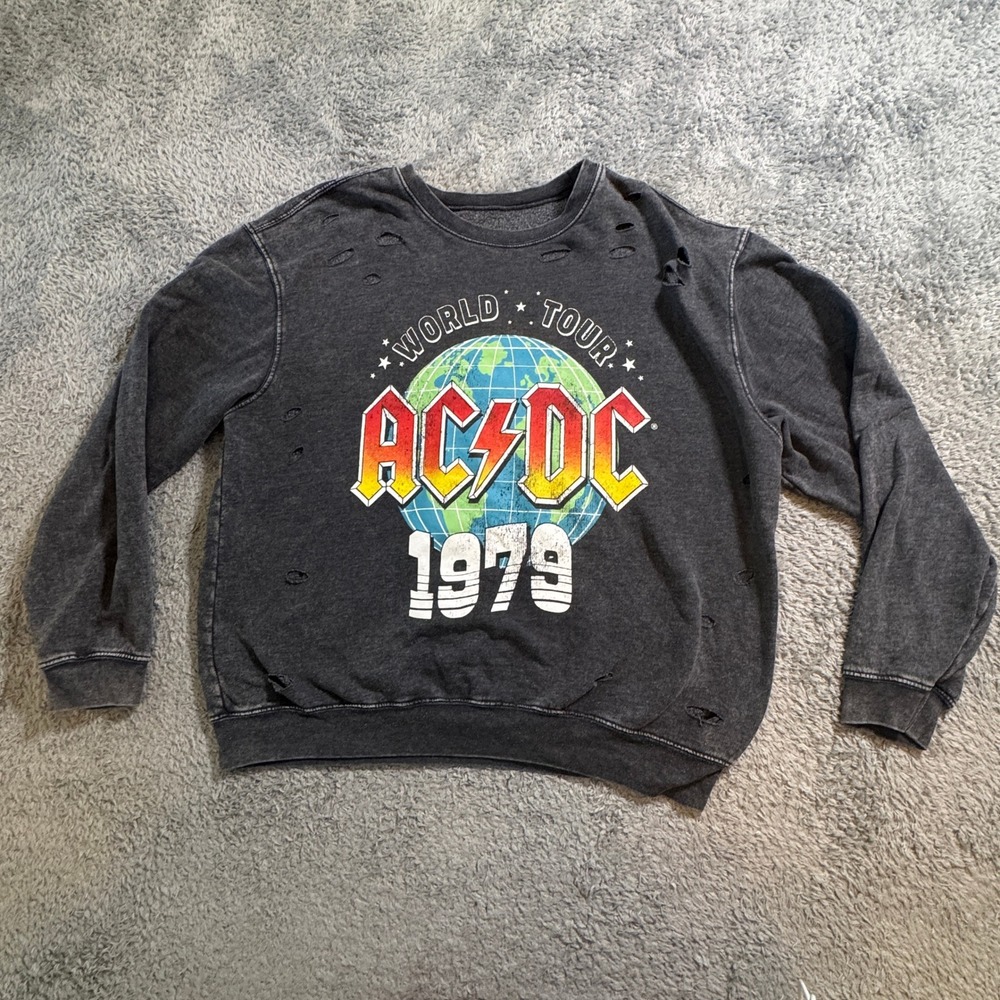 AC/DC World Tour 1979 Graphic Sweatshirt 2X Charcoal Distressed Rock Band Top